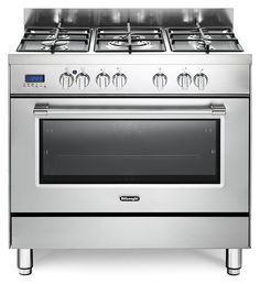 a stainless steel stove with four burners and two oven doors on each side, in front of a white background