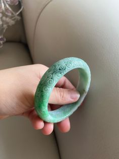 "🌈 Jade Bangle 59.0mm (2.32\"), Round Shape, Green 🌷 Untreated Natural Jadeite/ Grade A Jade 🌷 Certified : Yes 🌷 Jade from Myanmar/ Burma 🌷 Shape : Round 🌷 Inner diameter : 59.0mm/ 2.32\" 🌷 Width & Thickness : 15.7 x 7.8mm 🌷 Color : Green 🌷 Free standard shipping from Hong Kong with tracking included 🌷 Take approximately 7-21 days to arrive worldwide" Green Carved Bangle Bracelet, Green Carved Bangle Bracelets, Green Carved Bracelet As A Gift, Green Carved Bracelets As Gift, Green Carved Bracelet For Gift, Elegant Carved Green Bangle, Elegant Green Carved Bangle, Carved Jade Round Bracelets, Carved Jade Bangle Bracelet