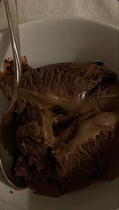 chocolate ice cream in a white bowl with a spoon sticking out of it and drizzled on top