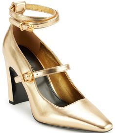 From Donna Karan&#x2C; the Pryce Metallic Ankle Strap Mary Jane Pumps feature:Metallic synthetic upperAdjustable buckled ankle strap Adjustable buckled Mary Jane strapSynthetic liningSynthetic outsoleApprox. 3.54" heel heightImported. Strappy Pumps, Gold Pumps, Sneaker Dress Shoes, Mary Jane Pumps, Dillard's, Donna Karan, Womens Heels, Evening Clutch Bag, Shoe Brands