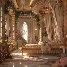 a fancy bedroom with flowers and curtains on the ceiling