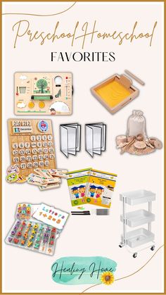 an advertisement for preschool homeschool favorites with pictures of items and words on it