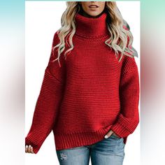 Oversized Red Turtleneck Sweater Casual Red Winter Sweater, Trendy Red Sweater For Fall, Cozy Red Sweater For Cold Weather, Cozy Red Winter Tops, Casual Red Solid Color Outerwear, Red Sweater For Cold Weather, Red Solid Color Winter Tops, Red Turtleneck Sweater For Fall, Trendy Red Tops For Winter