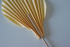 a close up of a paper fan on a white surface with two wooden sticks sticking out of it