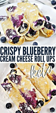 crepy blueberry cream cheese roll ups are stacked on top of each other