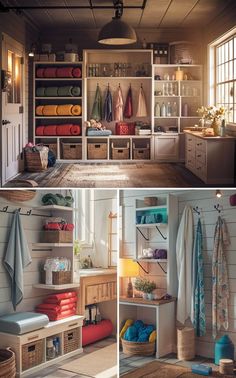 A homey yoga garage with creative and functional storage solutions. Functional Yoga, Garage Storage Inspiration, Garage Organization Tips, Storage Inspiration