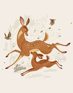 two deers are running in the grass with some birds flying around them on a white background