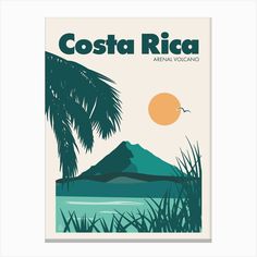 the costa rica travel poster is shown with palm trees and an island in the background