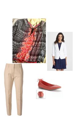 Black/coral blouse, white blazer, skinny pants, coral flats Black Coral, Blouse White