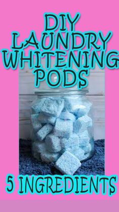 a jar full of white marshmallows with the words diy laundry whitening pods