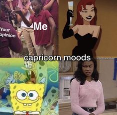 four different pictures with cartoon characters and captions