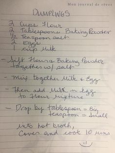 a handwritten recipe for dumplings