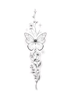 a drawing of a butterfly and flowers on a white background