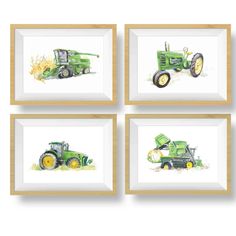 four green tractors are shown in three different frames, one is yellow and the other is green