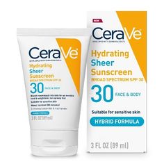 Developed with dermatologists, CeraVe's Hydrating Sheer Sunscreen Broad Spectrum SPF 30’s hybrid formula combines mineral and chemical sun filters to help effectively reflect and absorb the sun's damaging rays. This sunscreen lotion's formula blends Zinc Oxide with chemical sun filters, combining sun protection with the benefits of a mineral sunscreen and the cosmetic elegance often found in chemical sunscreens.  This multi-benefit waterproof sunscreen helps protect you from the sun's harmful ra Best Drugstore Sunscreen, Waterproof Sunscreen, Chemical Sunscreen, Skin Medica, Body Sunscreen, Sunscreen Lotion, Face Lotion, Zinc Oxide, Mineral Sunscreen