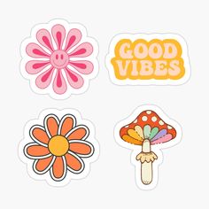 four stickers with flowers and the words good vibes written in orange, pink, yellow