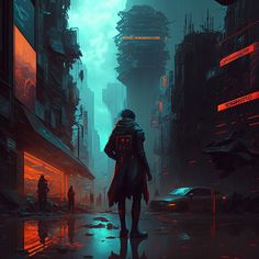 a man standing in the middle of a city at night