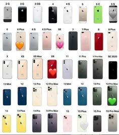 the iphones are all different colors and sizes, but they have hearts on them