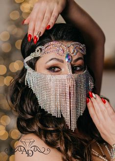 Silver face mask with rhinestone chain. Professional handmade by designer with love for you! Such bright accessories is often used for photoshoot, night and dance parties, bellydance and ballroom festivals, carnivals, masquerades, or just for fun. Perfectly combined with earrings, necklaces and other jewelry with crystals. This elegant mask-veil is attached around the head with an elastic band and can be adjusted to any size. IMPORTANT! This product has metal elements, so I recommend storing it Face Chain Jewelry, Face Chain, Dancer Necklace, Face Jewelry, Wedding Hair Jewelry, Face Jewellery, Headpiece Jewelry, Head Jewelry, Star Chain