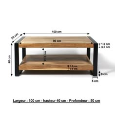 the table is made from wood and has two shelves on each side with measurements for each shelf