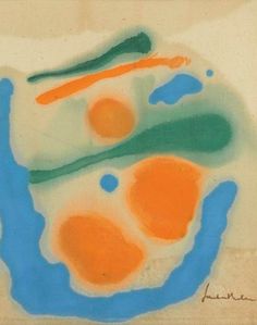 an abstract painting with blue, orange and green colors on it's paper background