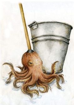 an octopus holding a bucket and a plunger