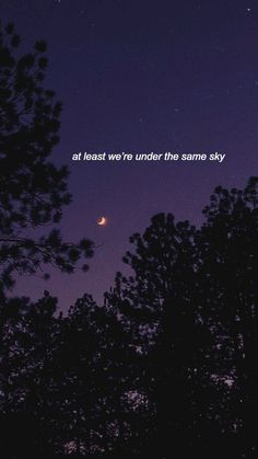 the night sky with trees and a quote written on it that reads at least we're under the same sky