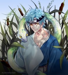 a man with blue hair holding a snake