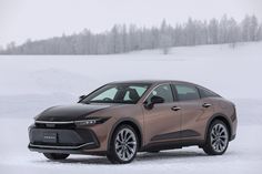 a brown car is parked in the snow