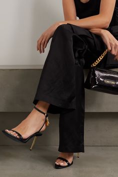 TOM FORD Padlock leather sandals | NET-A-PORTER Tom Ford Padlock Heels Outfit, Tom Ford Heels Outfit, Black Dress Gold Heels, Black Dress Gold Shoes, Tom Ford Padlock Heels, Tomford Heels, Tom Ford Shoes Women, Ankle Strap Heels Outfit, Grad Heels