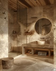 a bathroom with a sink, mirror and shower in it's center wall is shown