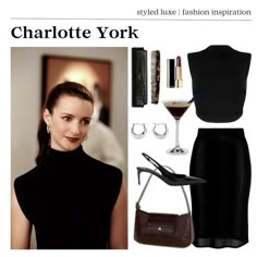 Satc Outfits Charlotte, Charlotte Satc Style, Charlotte Satc Aesthetic, Charlotte York Work Outfits, Charlotte York Black Dress, As Seen On Tv Outfits, Charlotte York Outfits Inspiration, Charlotte York Style Outfits, Satc Outfit Inspiration