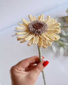 a hand holding a yellow flower in front of a white wall