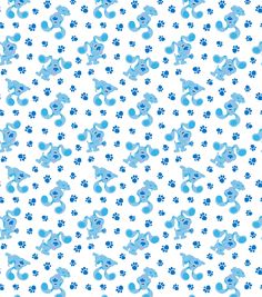 blue dog paw prints on white fabric with light blue circles and small dots in the center