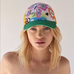 Dream Of Paradise In This Summery Trucker Hat Featuring A Graphic Airbrush Front. Fitted With Mesh Back Panels And An Adjustable Snap Closure. Content + Care - 100% Polyester - Spot Clean - Imported Funky Summer Hats, Urban Outfitters Hats With Adjustable Fit And Short Brim, Urban Outfitters Adjustable Hat With Short Brim, Funky Pink Hats For The Beach, Playful White Trucker Hat For Spring, Funky Pink Hat For The Beach, Playful Adjustable Hats For Spring, Fun Trucker Hat For Beach In Spring, Funky Curved Brim Summer Hats