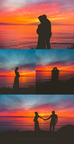 the silhouettes of two people holding hands in front of an orange and blue sunset