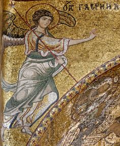 an image of the angel on top of a building with gold and white mosaics