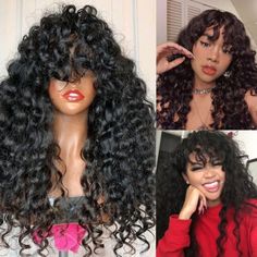 Curly Bangs Wig, Wigs Hairstyle, Bangs For Black Women, Curly Afro Wig, Long Curly Wig, Hairstyle Inspo, Afro Wigs, Remy Human Hair Wigs, Hair With Bangs