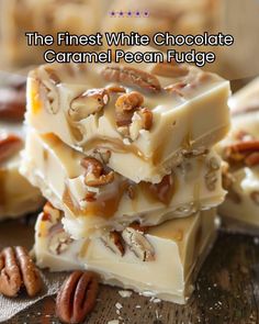 the finest white chocolate caramel pecan fudge is stacked on top of each other