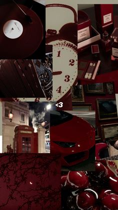 a collage of photos with red and white items in them, including a clock