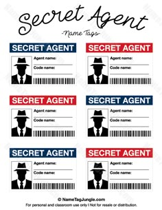 the secret agent name tag is shown in red, white and blue