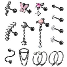 PRICES MAY VARY. 💃[CARTILAGE EARRING SET]: One order includes 16pcs black cartlidge jewelry: ball and cz cartilage earring stud, snake and butterfly cartilage earring, dangle helix jewelry, and cartilage hoops. Multiple styles to decorate your ears to make more charming. 👧[GAUGE SIZE]: The bar thickness of black cartilage piercing: 16G(1.2mm), the inner size of helix hoop: 8mm, the cz cartilage stud size: 2mm 3mm 4mm, the ball cartilage: 3mm, suitable as conch earrings and 16g earrings. 💎[QUA 16g Earrings, Snake And Butterfly, Conch Earrings, Forward Helix Earrings, Helix Jewelry, Conch Hoop, Earrings Cartilage, Helix Piercing Jewelry, Helix Hoop