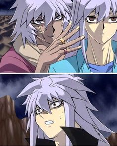 two anime characters one with white hair and the other with grey hair holding their hands up