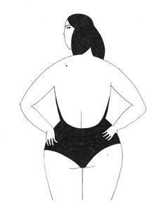 a black and white drawing of a woman with her hands on her hips wearing a swimsuit