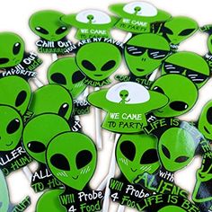 green alien party picks with we came to party stickers in the top right corner