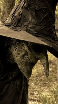 a creepy scarecrow wearing a large hat in the middle of a wooded area with trees