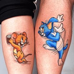 two people with tattoos on their legs, one has a cat and the other has a mouse