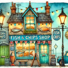 the fish and chips shop is painted in watercolor on paper, with lights above it