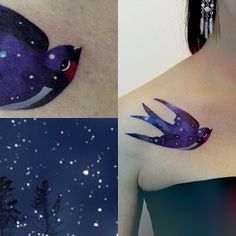 three different pictures with birds and stars on their chest, one in the shape of a bird