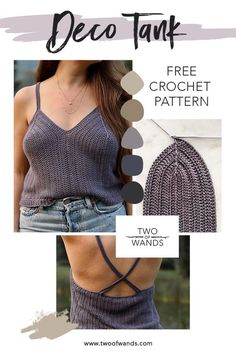 a woman wearing a tank top and jeans with the text, free crochet pattern